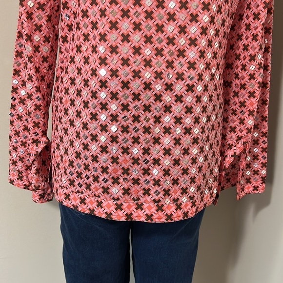 Tory Burch Boho Pink Printed Long Sleeve V Neck Blouse with Sequins Sz 8 - Picture 7 of 11